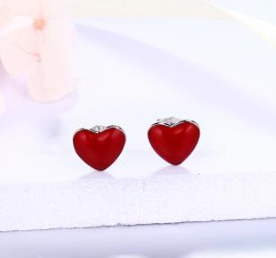 Pendiente Mujer Diseño Corazón Esmalte Rojo Artesanal Plata Stud