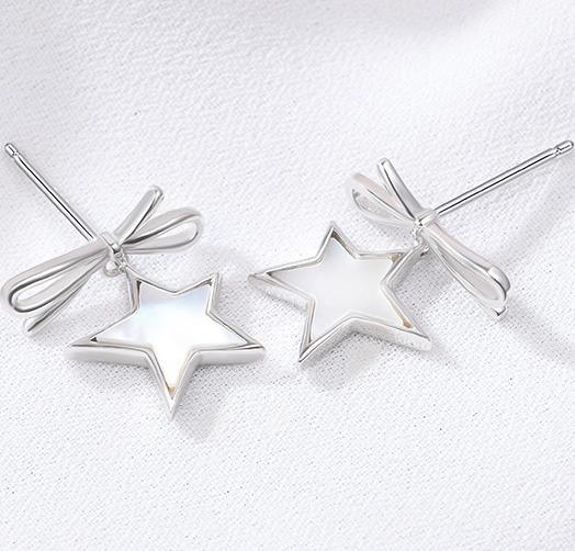 Pendientes Bow Star Pendientes de perlas para mujer chapados en plata de ley 925