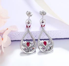 Joyería de plata de ley 925, pendientes colgantes de diamantes con piedras preciosas de Rubi para mujer, cristal rojo