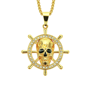 Colgante de collar de timón de calavera pirata Hip Hop