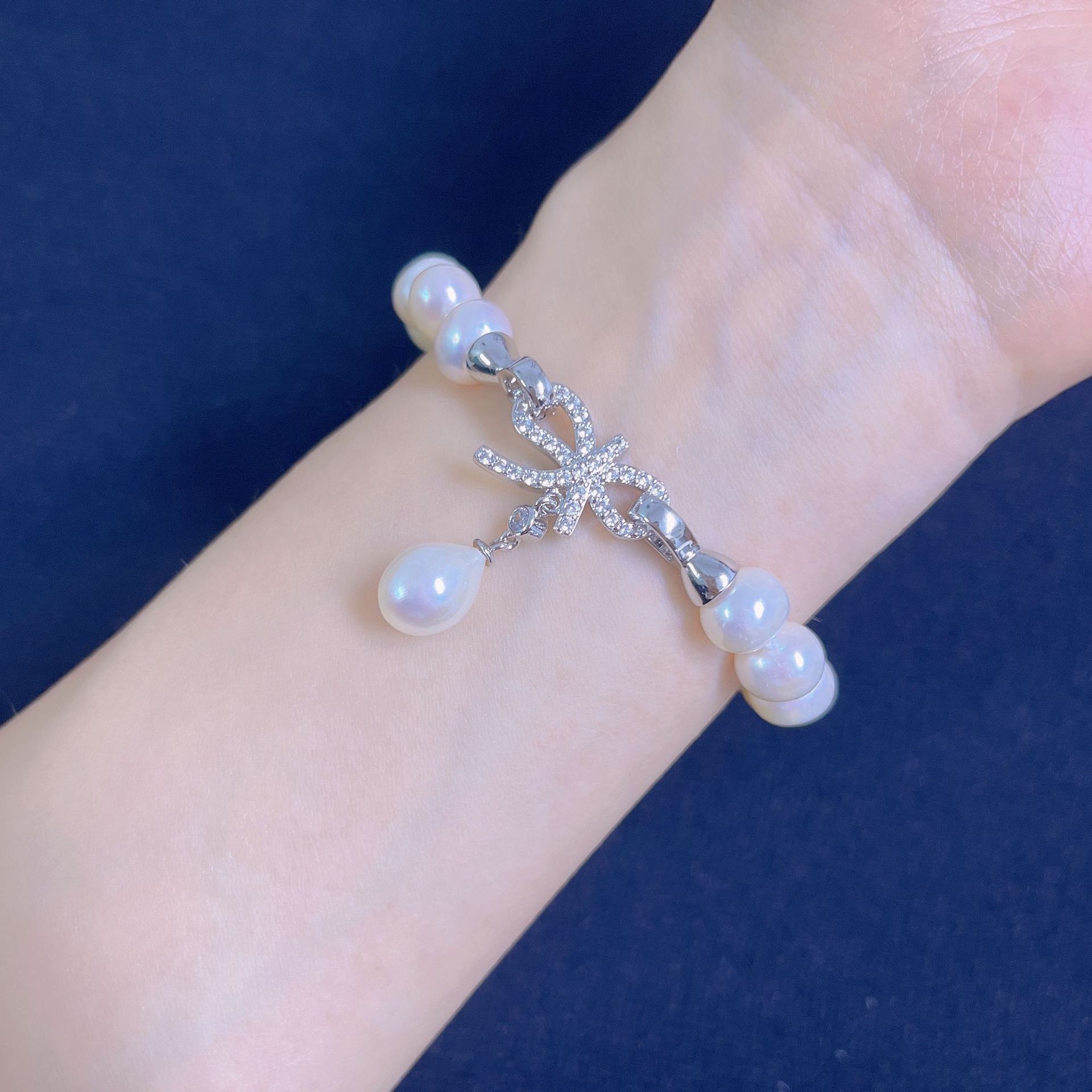 Pulsera de perlas de agua dulce a juego a la moda, pulsera de perlas con lazo de diamantes para mujer, joyería de perlas al por mayor