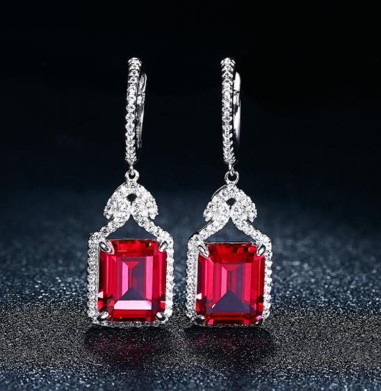 Pendiente de plata de ley auténtica con rubí rojo para mujer, estilo encantador creado, joyería de boda con corte octágono de rubí, regalos