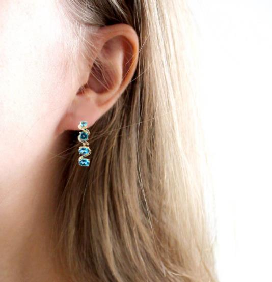 Pendientes de moda de plata de ley 925 con gema azul chapada en oro de 14 quilates