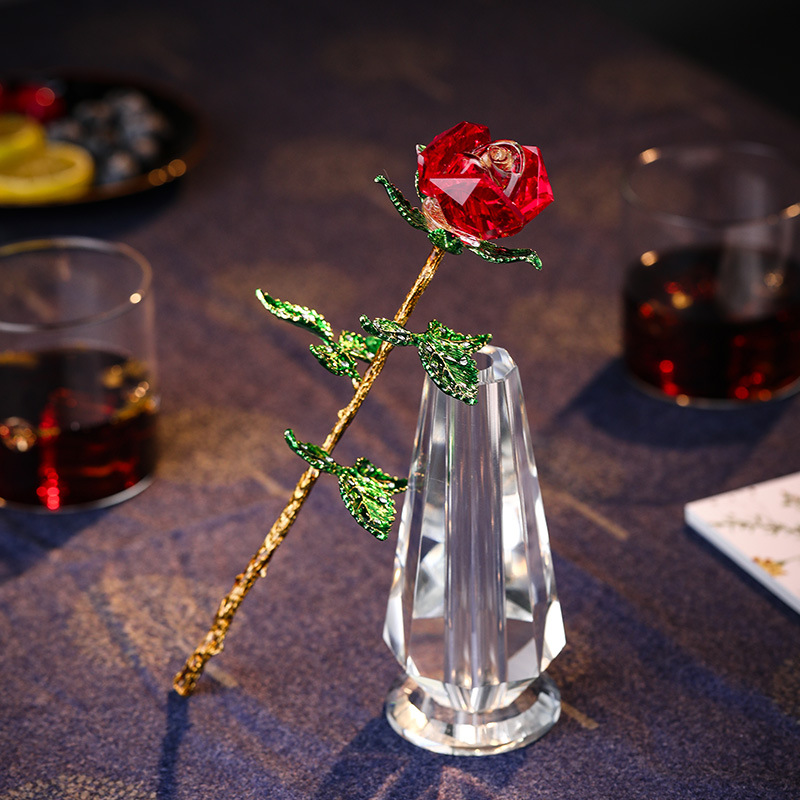 Conjunto de decoración de rosas de cristal transparente, artesanía de cristal de rosa roja romántica, regalo de cumpleaños