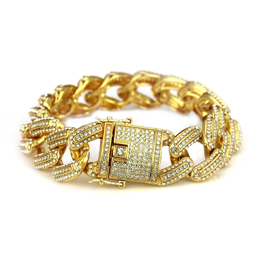 Ice Rhinestone Gold Miami Curb Cuban CZ Rapper Men's Hip Hop Jewelry Bracelet