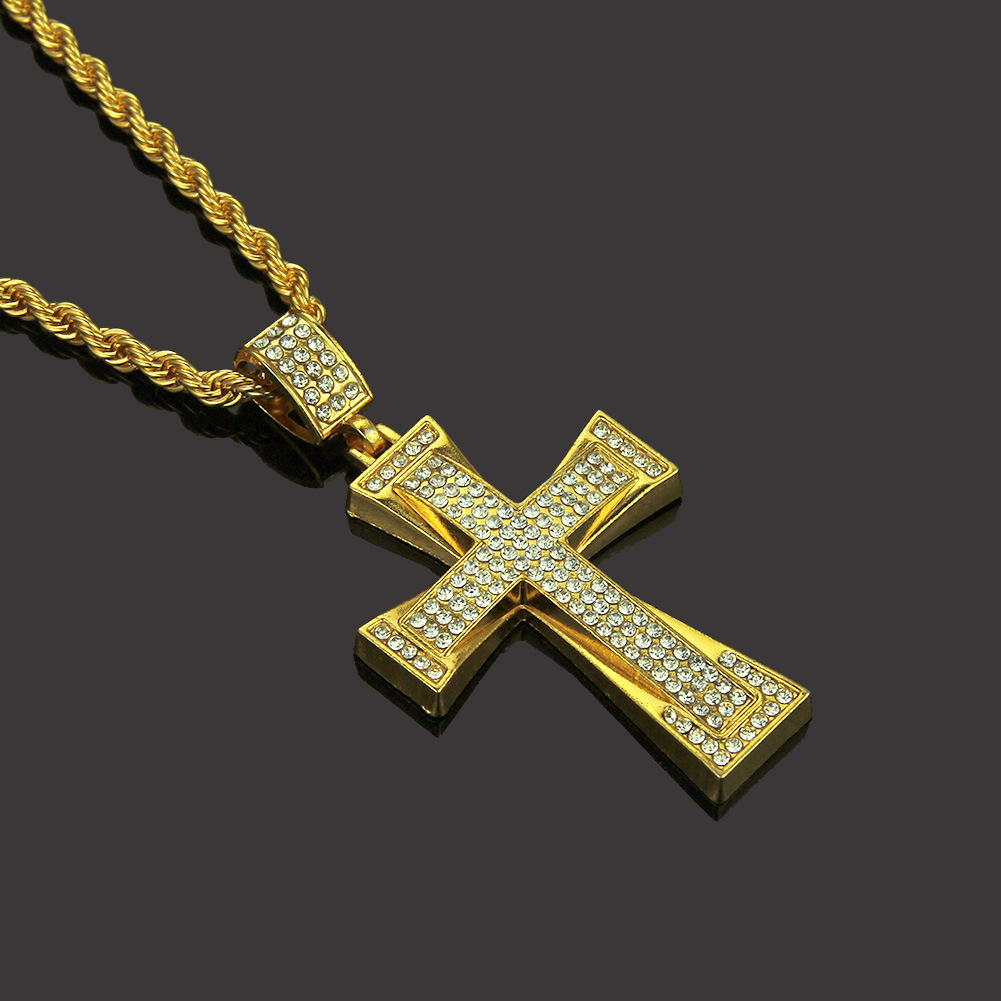 Collar de hip hop de color oro de 14K-18K con colgante de incrustaciones de circonita cúbica cruzada para hombre