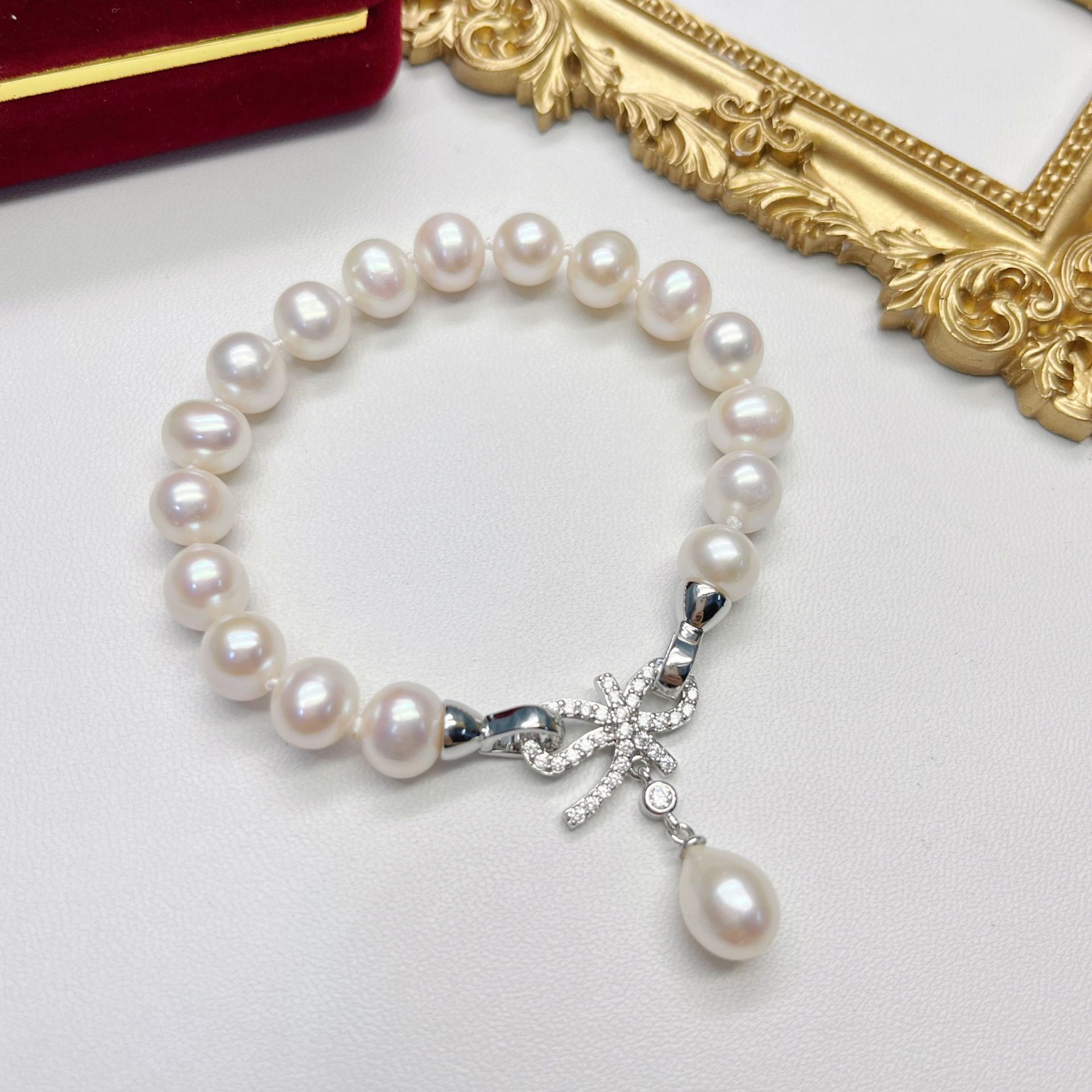 Pulsera de perlas de agua dulce a juego a la moda, pulsera de perlas con lazo de diamantes para mujer, joyería de perlas al por mayor