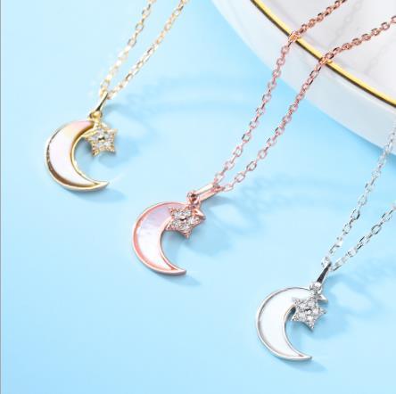 S925 collar de plata estrella luna concha joyería cadena regalo fantasía luna y estrella