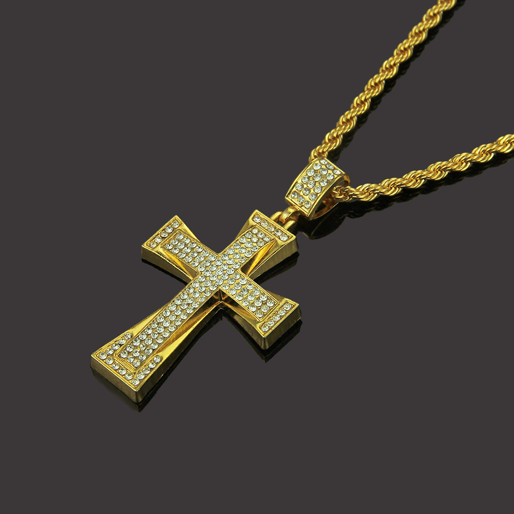 Collar de hip hop de color oro de 14K-18K con colgante de incrustaciones de circonita cúbica cruzada para hombre