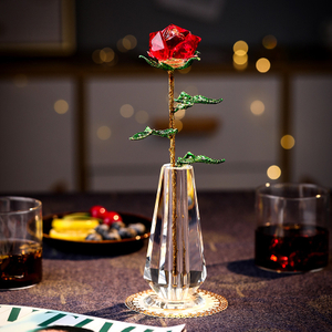 Conjunto de decoración de rosas de cristal transparente, artesanía de cristal de rosa roja romántica, regalo de cumpleaños