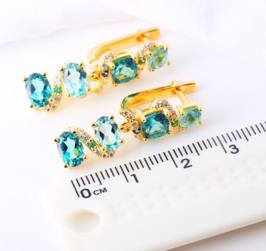 Pendientes de moda de plata de ley 925 con gema azul chapada en oro de 14 quilates