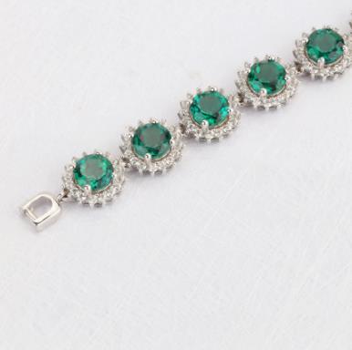 Pulsera clásica de plata esterlina 925 de moda para mujer redonda de esmeralda artificial