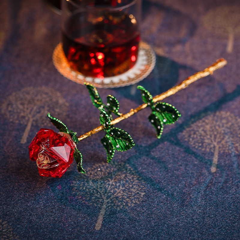 Conjunto de decoración de rosas de cristal transparente, artesanía de cristal de rosa roja romántica, regalo de cumpleaños