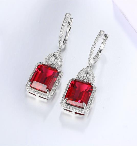 Pendiente de plata de ley auténtica con rubí rojo para mujer, estilo encantador creado, joyería de boda con corte octágono de rubí, regalos