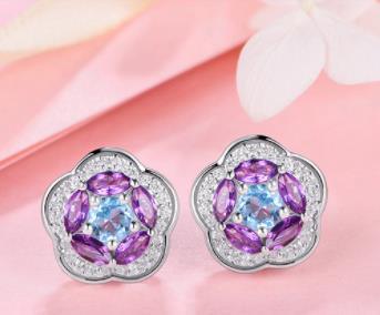 Pendientes de moda chapados en plata de ley 925 con flores de moissanita morada