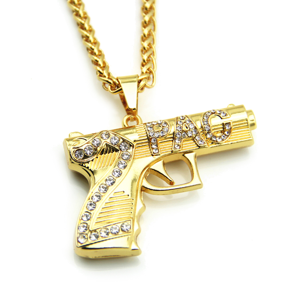 Collar de pistola y letra Hip Hop Colgante con incrustaciones de diamantes