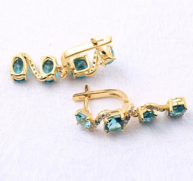 Pendientes de moda de plata de ley 925 con gema azul chapada en oro de 14 quilates